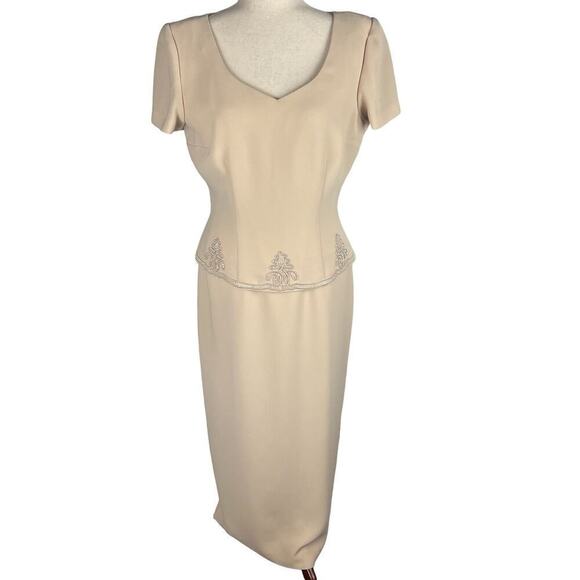 DONNA MORGAN EMBROIDERED V NECK SHORT SLEEVE SHEATH DRESS IN SAND NWT WOMEN'S 8 - Picture 1 of 16